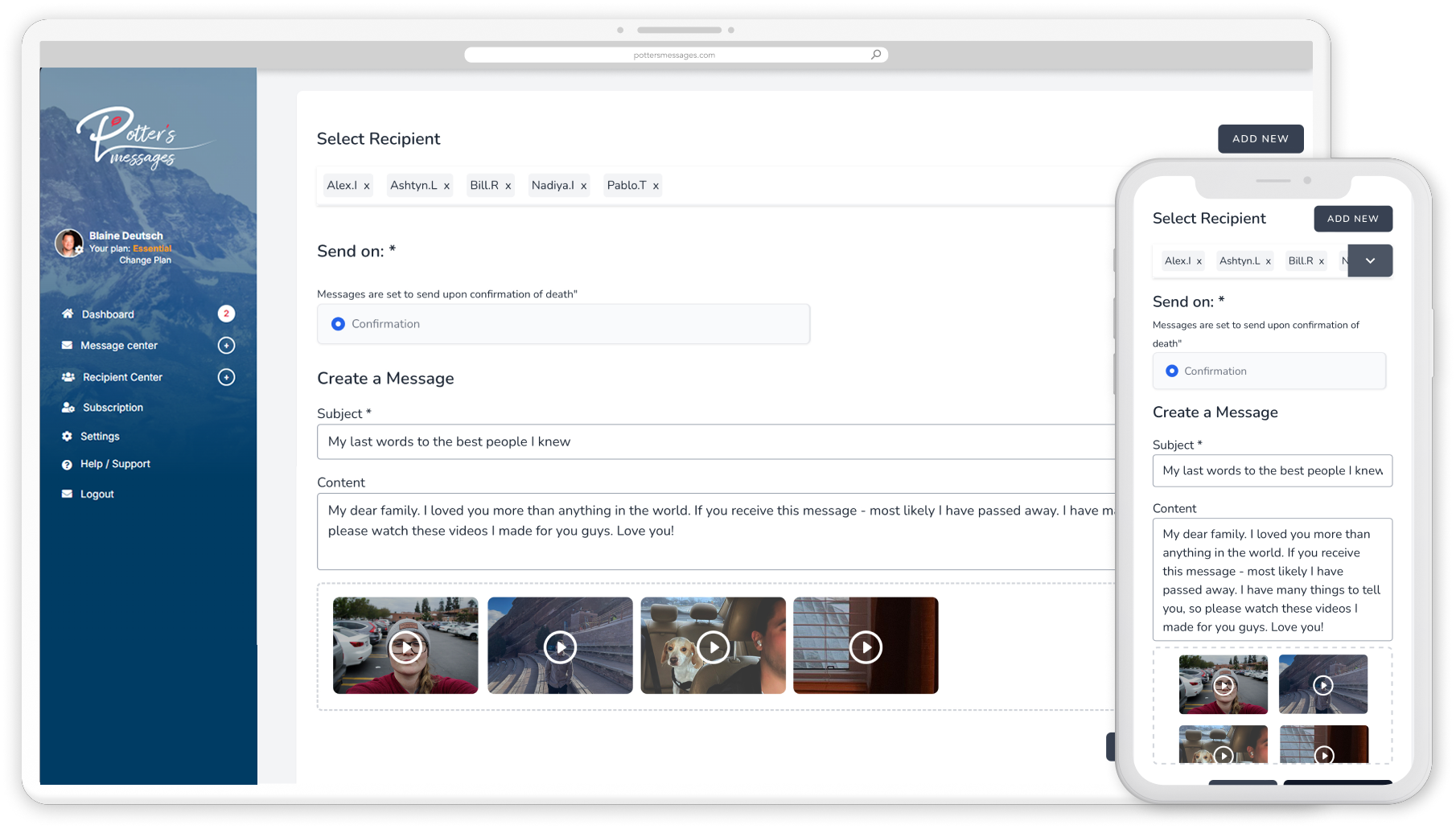Potter's Messages Dashboard Preview - Message Management Interface